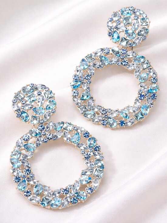 Jewelry - Blue Rhinestone Hoop Drop Earrings Statement Crystal Gold Tone Dangle Glam